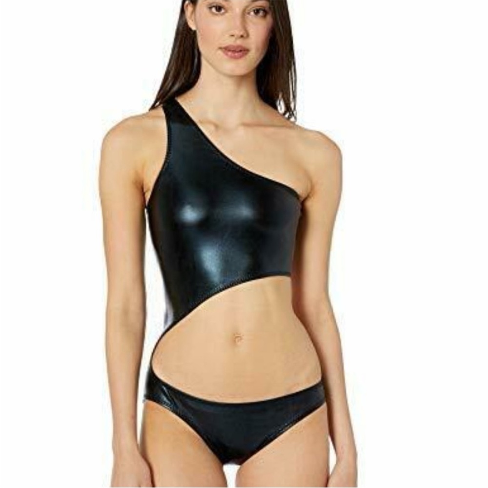 New Norma Kamali Shane One Shoulder Swimsuit Metallic Black Liquid Metal
